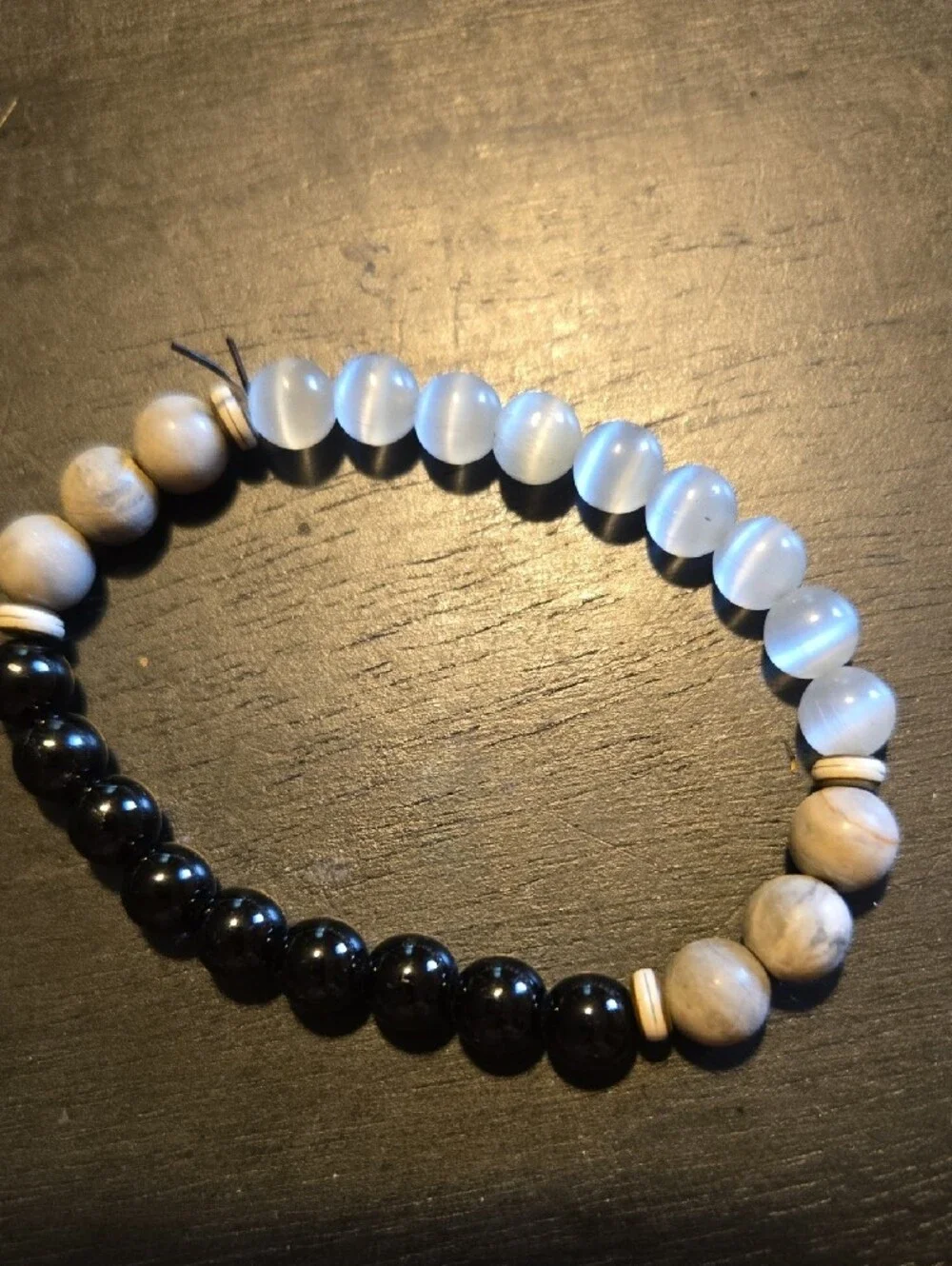 Neutral Trio Bead Stretch Bracelet in Black, Cream & Light Blue